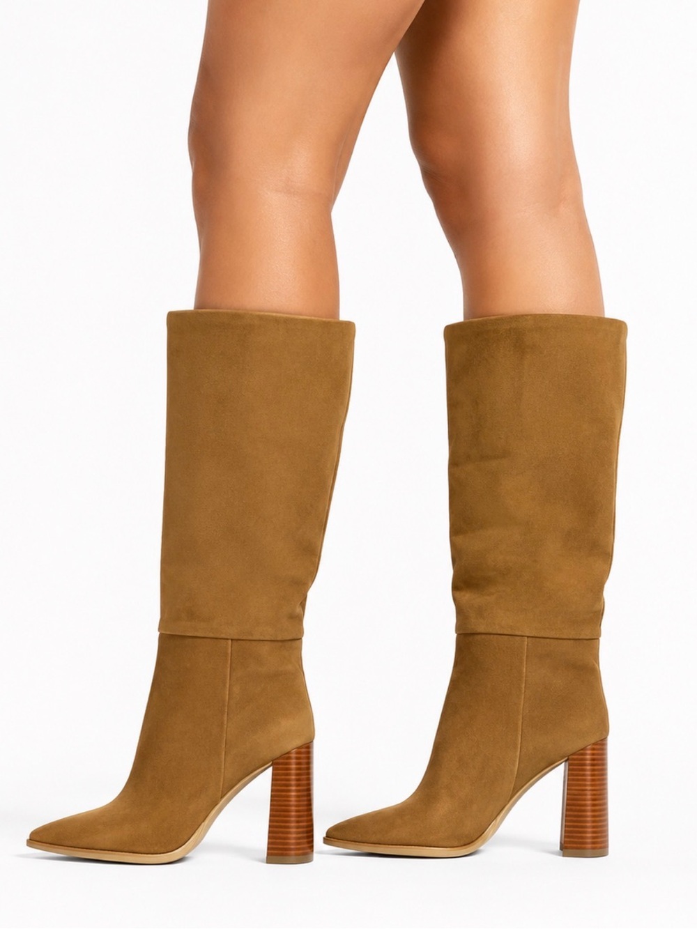 Camel Pointed Toe Mid Calf Block Heel Boots Leather Upper Size 9.5M